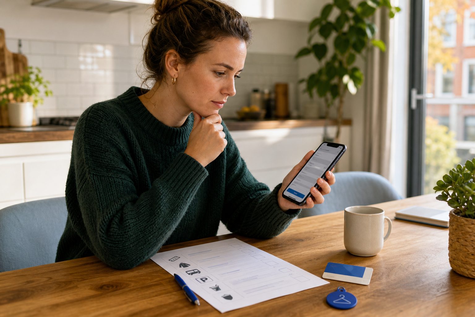 Iemand vergelijkt op tafel een evenementbudget met een telefoon, vervoerskaart en garderobetoken