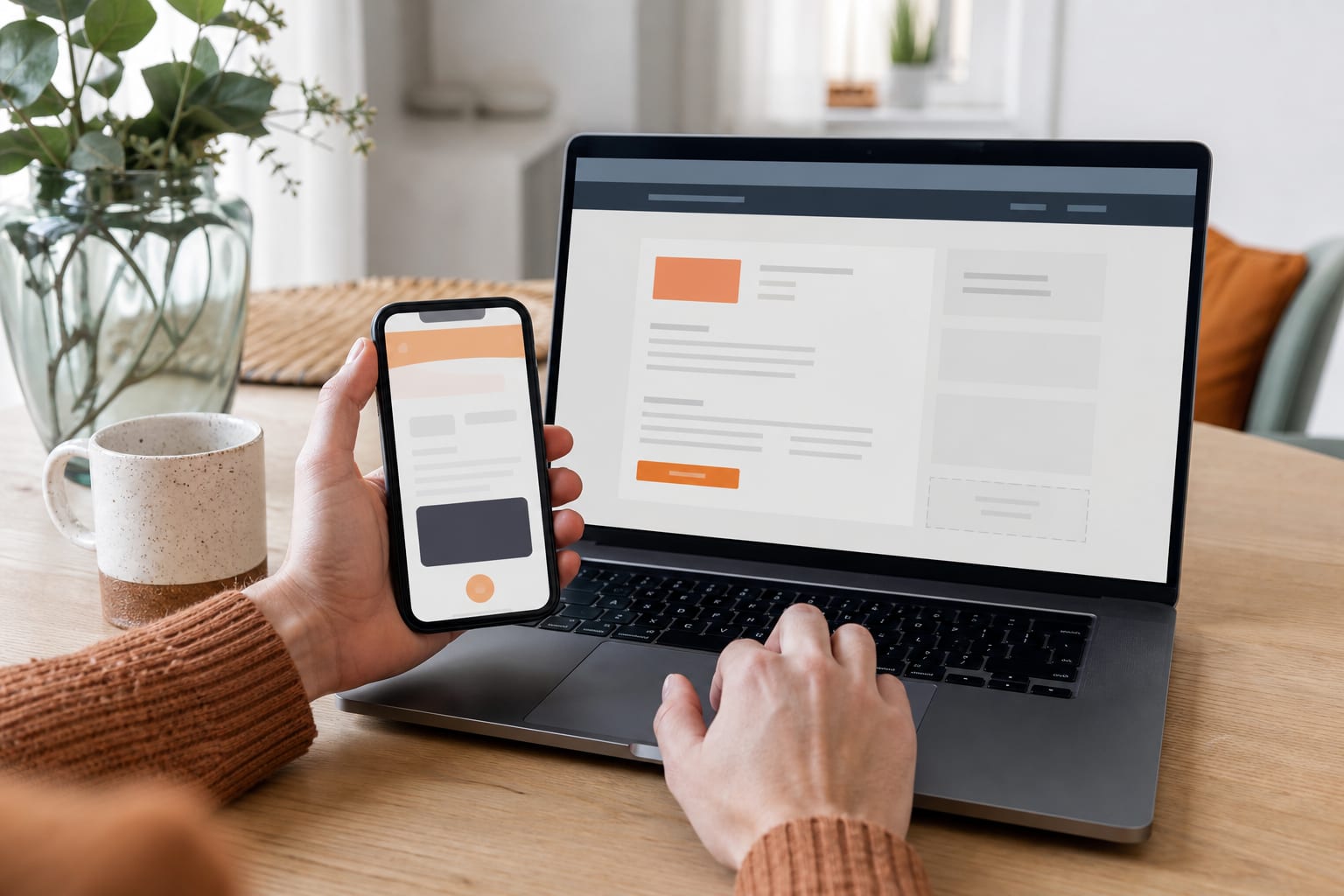 Iemand vergelijkt een generiek mobiel ticket op een telefoon met de officiële evenementinformatie op een laptop